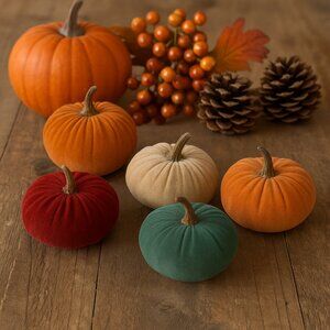 5 Piece Velvet Pumpkin Set – Fall Harvest Table Decor, Rustic Farmhouse Accents